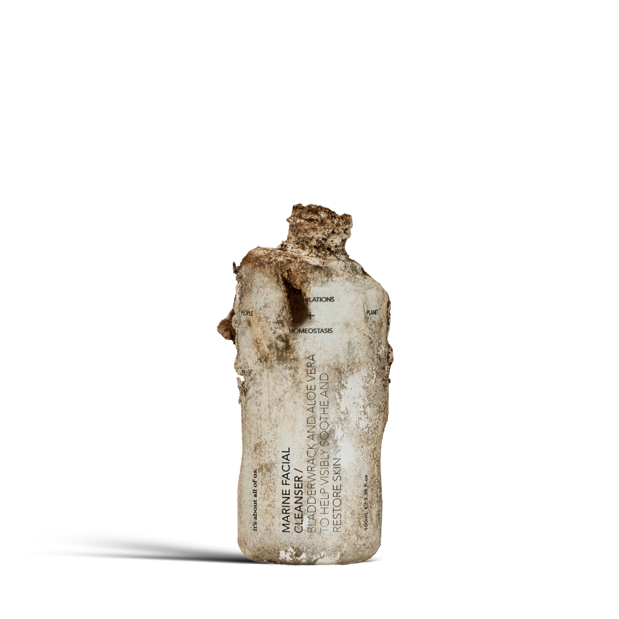 Dulcie Marine Facial Cleanser 100mL bottle in shown in a decomposed state to illustrate material breakdown