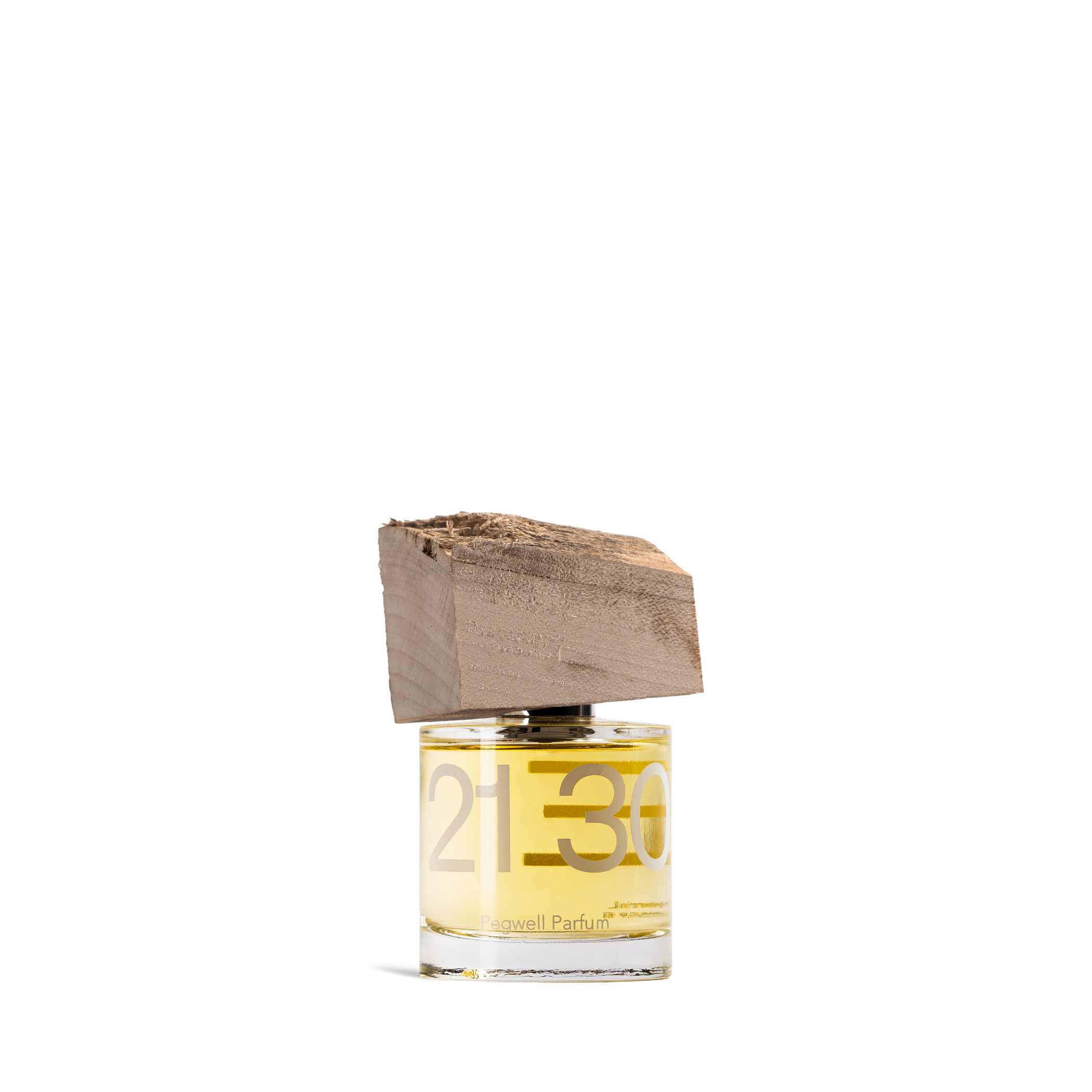 Perfume bottle with wooden cap on a white background