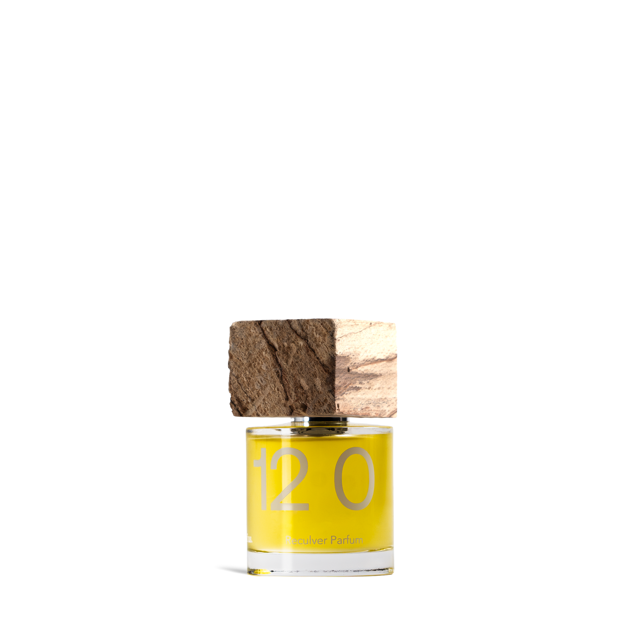 Perfume bottle with wooden cap on a white background