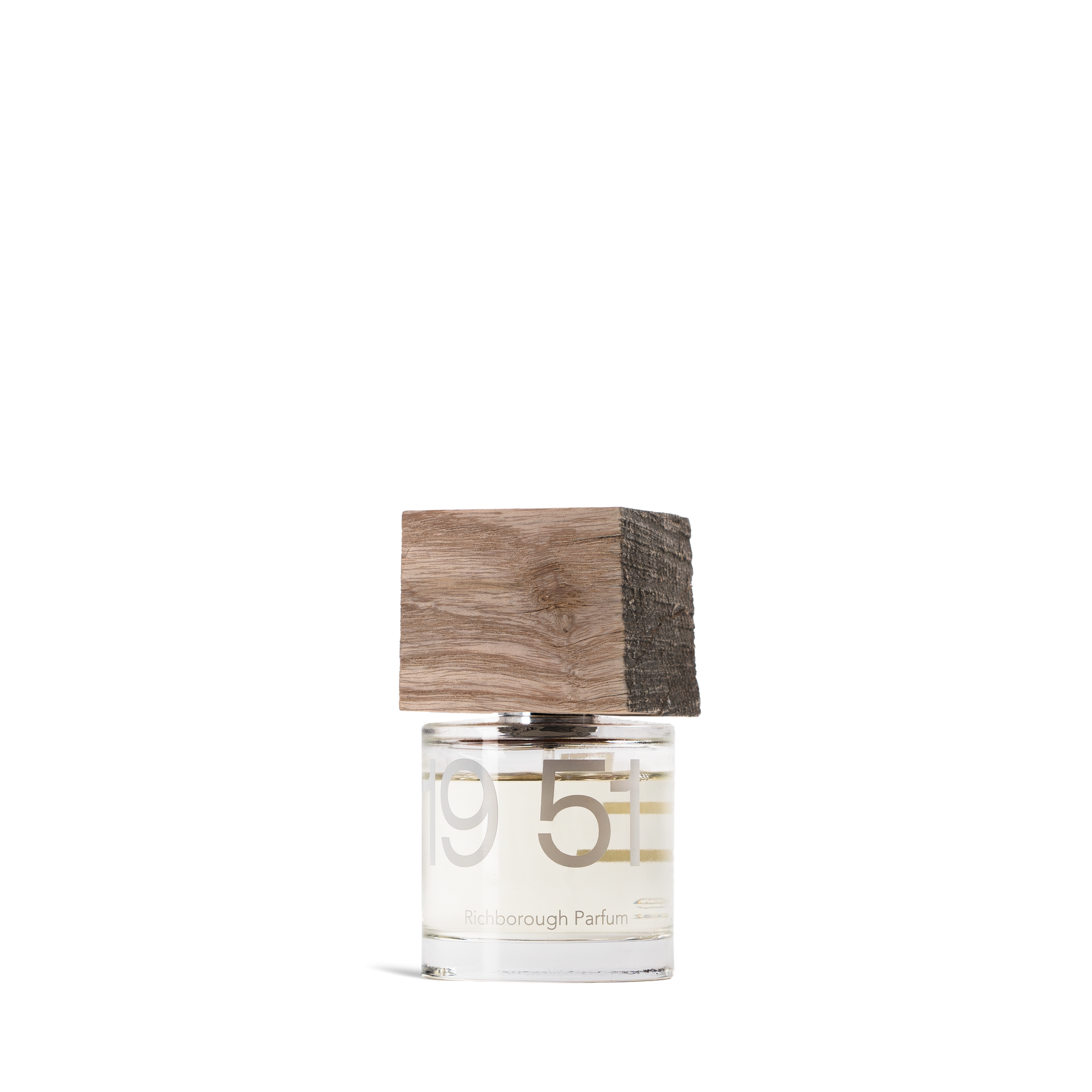 Perfume bottle with wooden cap on a white background
