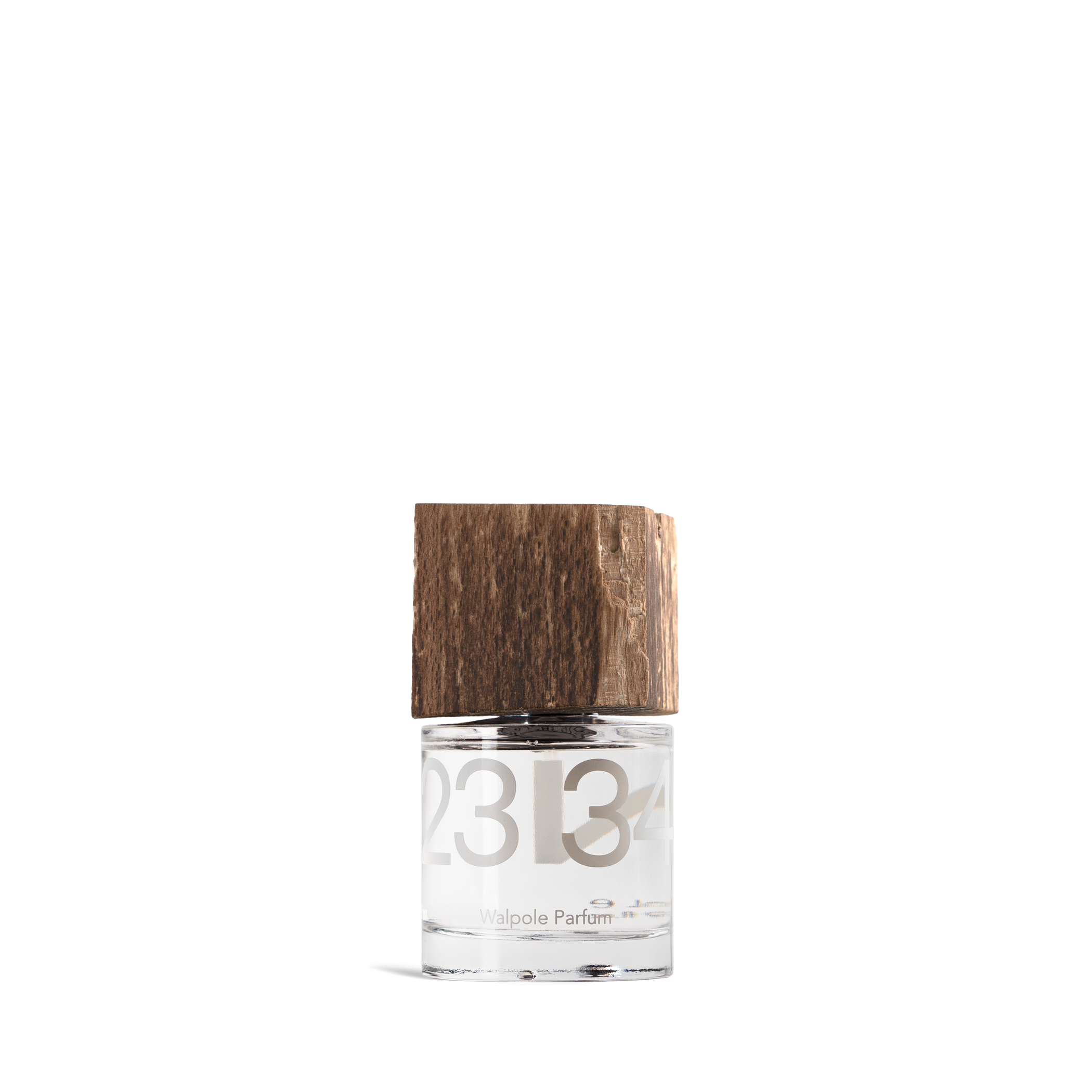 Perfume bottle with wooden cap on a white background