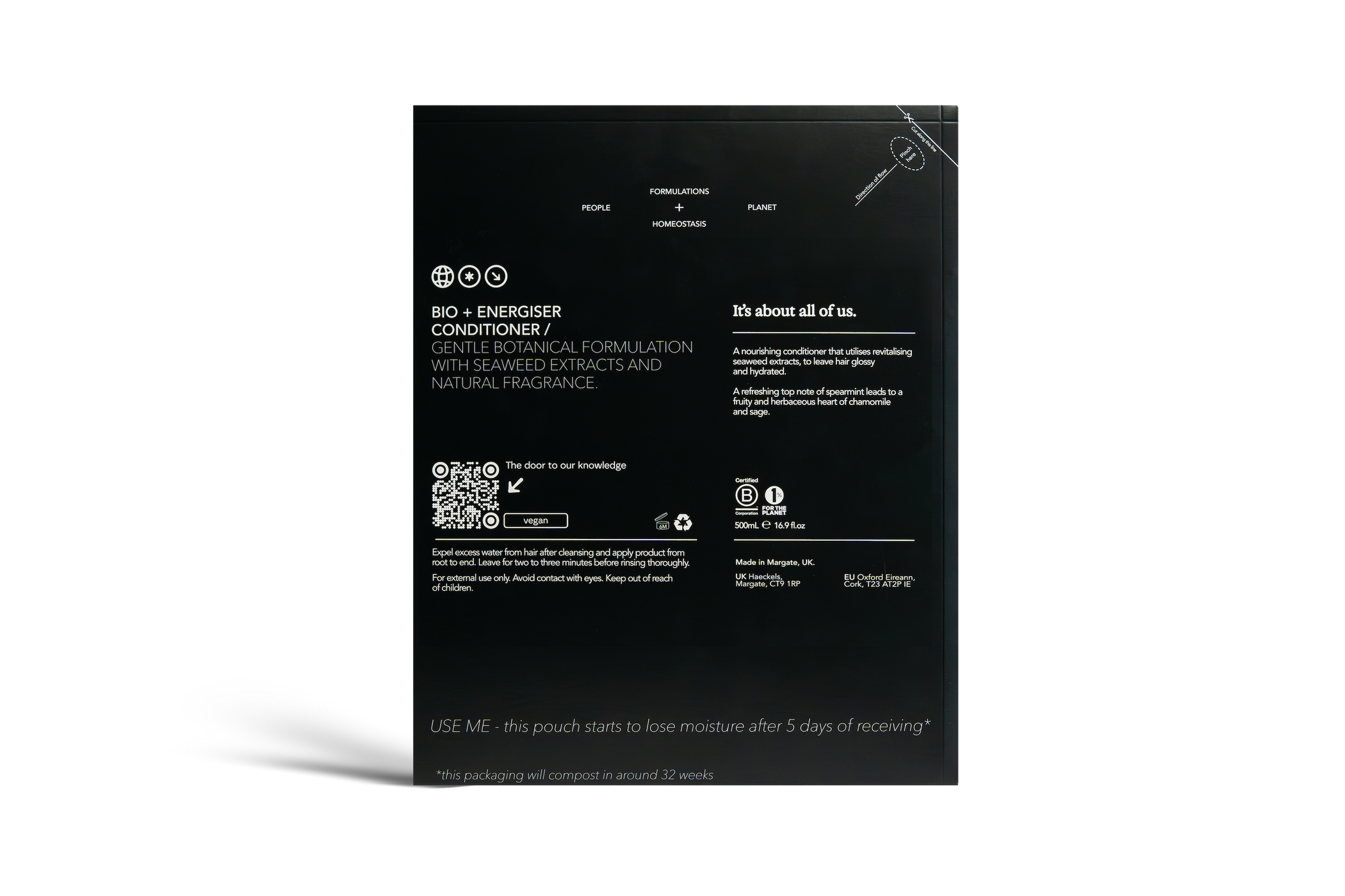 Dulcie Bio + Energiser Conditoner 500mL in black paper packaging with white text detailing the product information