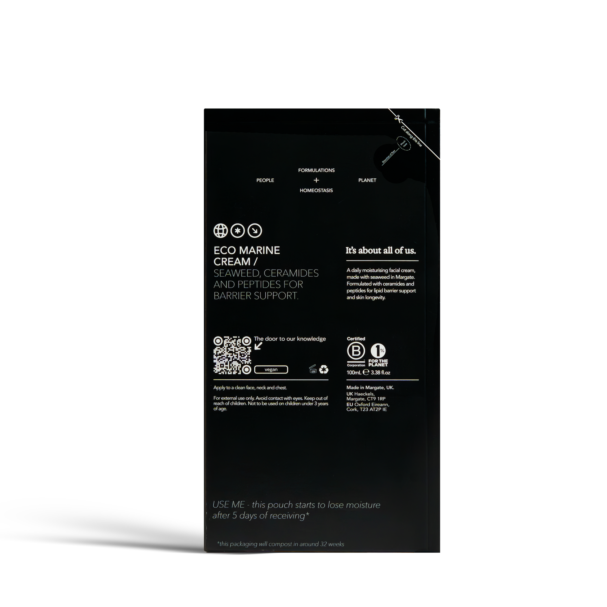 Dulcie Eco Marine Cream 100mL in black paper packaging with white text detailing the product information