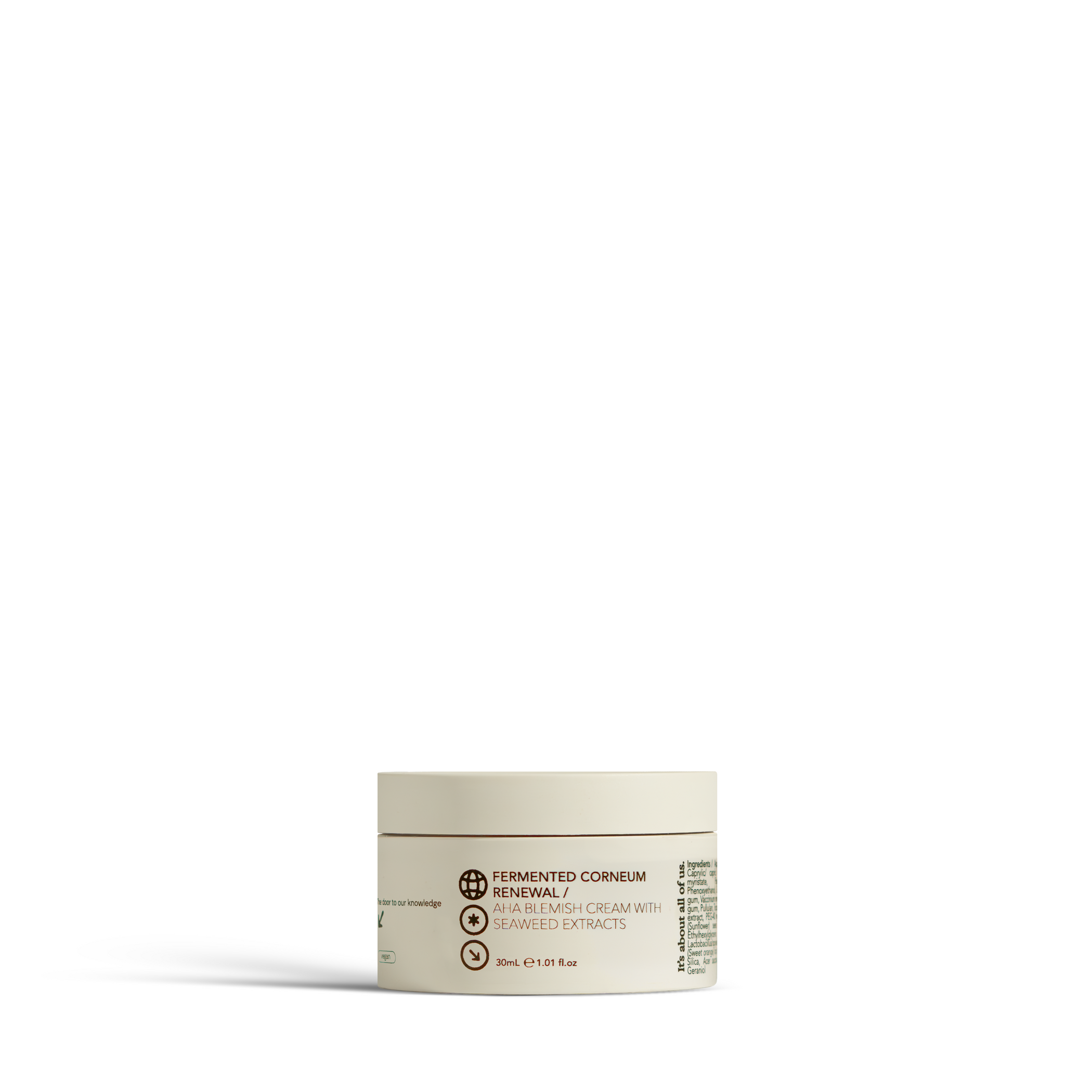Dulcie Fermented Corneum Renewal 30mL jar labeled AHA blemish cream with seaweed extracts