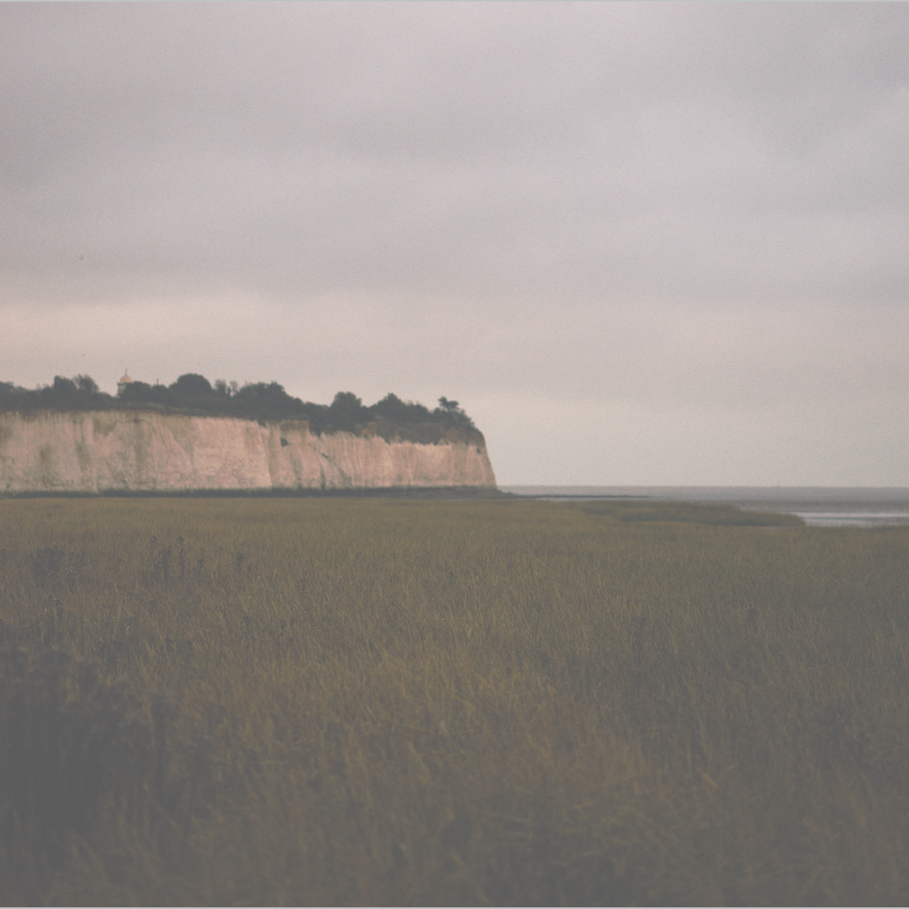 Cliff face with grassy foreground and overcast sky