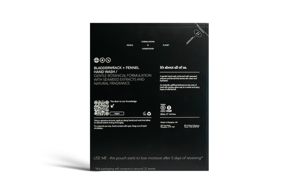 Dulcie Bladderwrack + Fennel Hand Wash Refill 500mL in black paper packaging with white text detailing the product information