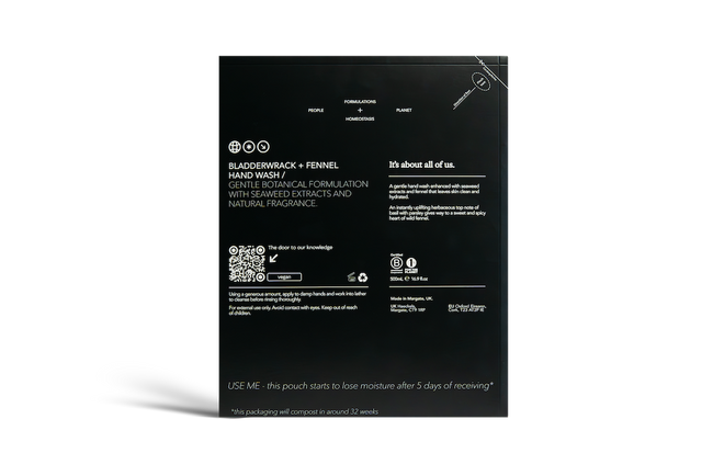 Dulcie Bladderwrack + Fennel Hand Wash Refill 500mL in black paper packaging with white text detailing the product information