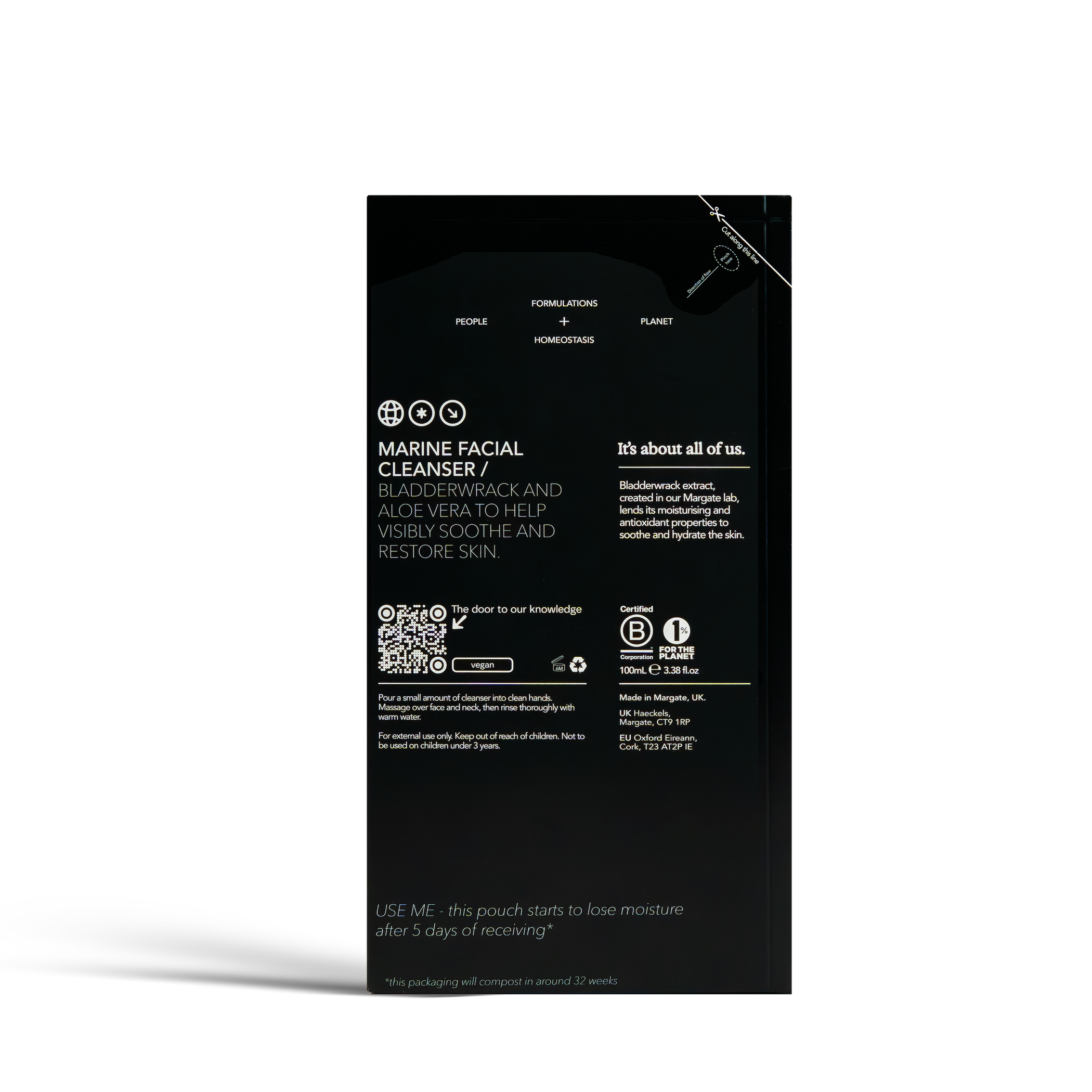 Dulcie Marine Facial Cleasner 100mL in black paper packaging with white text detailing the product information