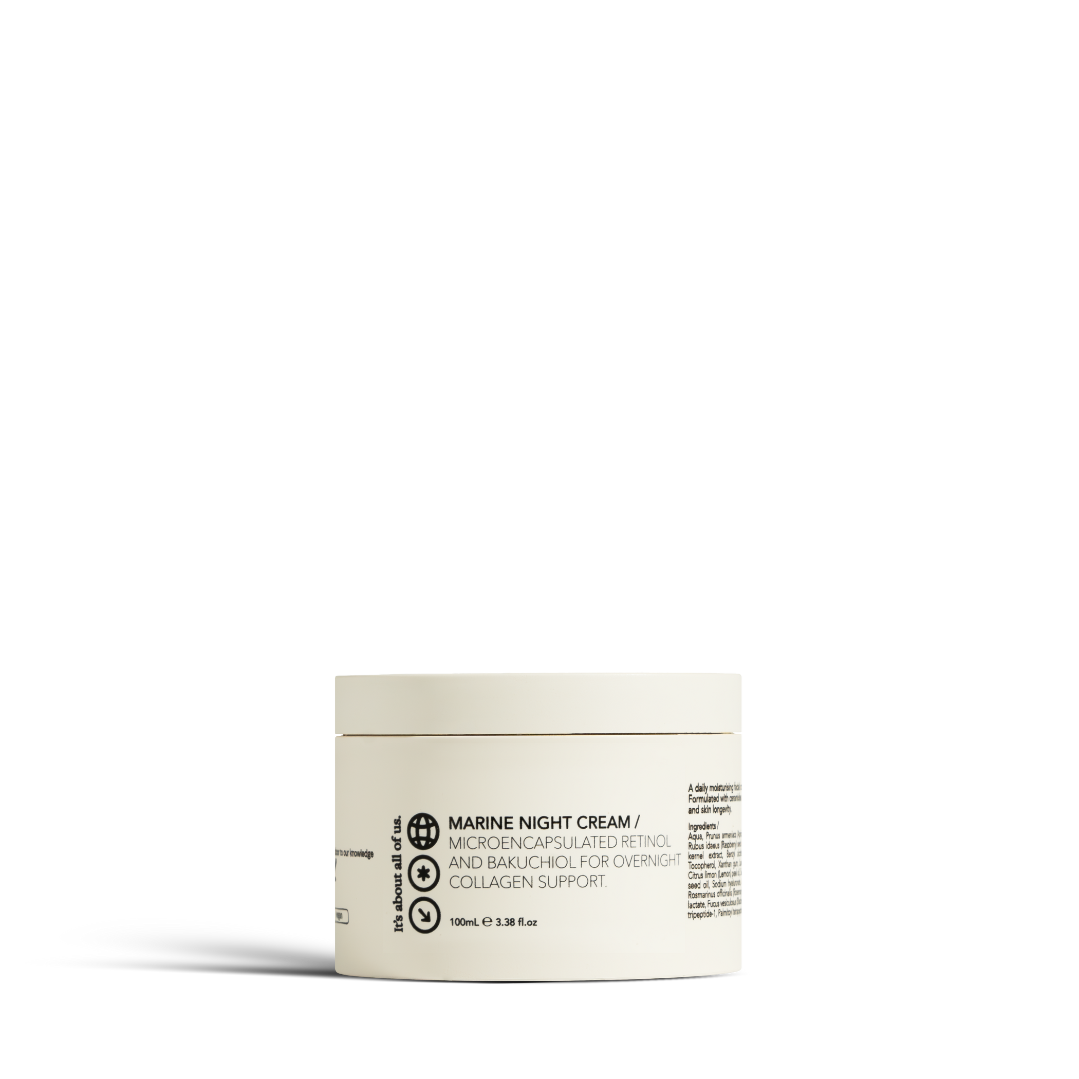 Dulcie Marine Night Cream 100mL jar labeled micro encapsulated retinol and backuchiol for overnight collage support