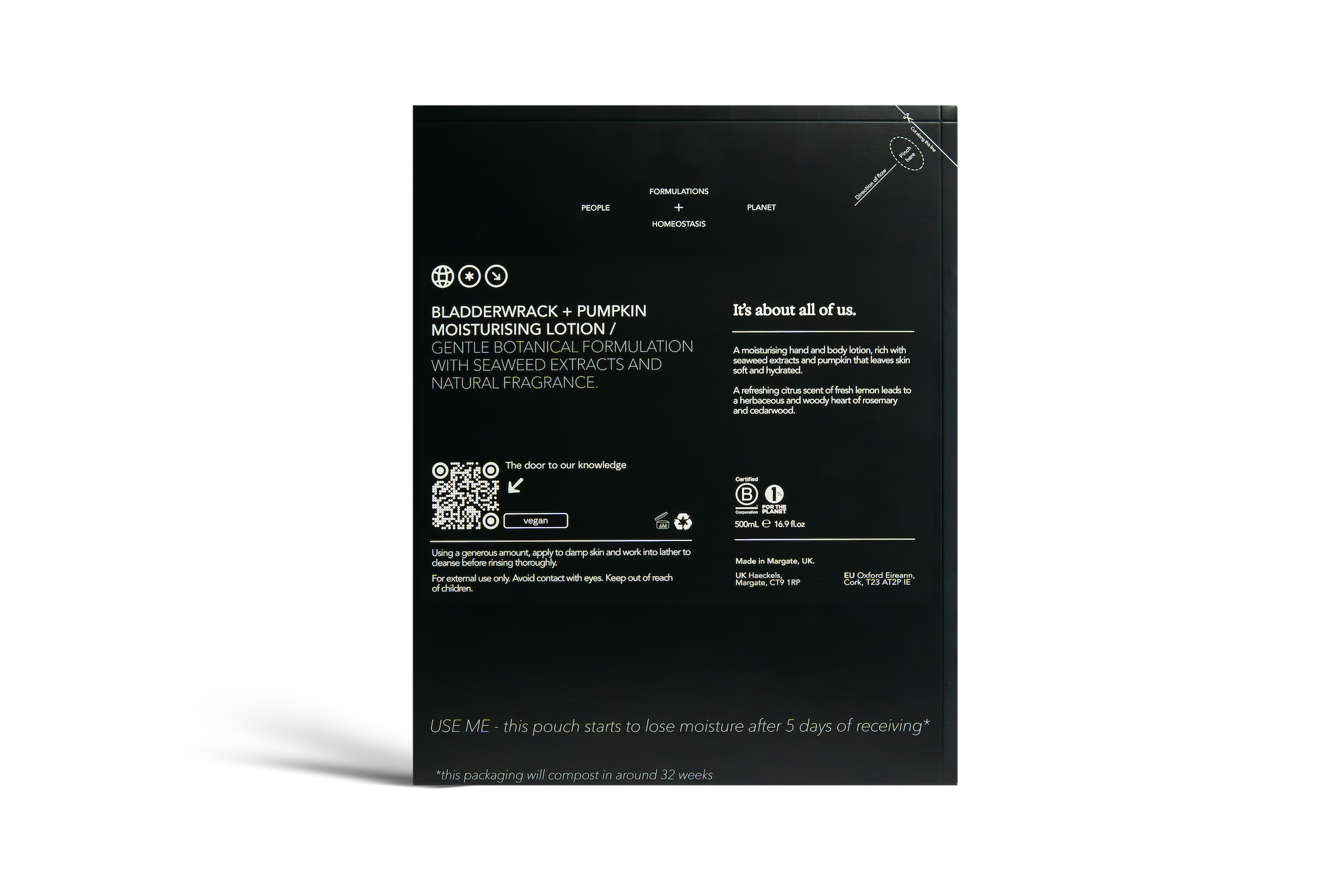 Dulcie Bladderwrack + Pumpkin Lotion Refill 500mL in black paper packaging with white text detailing the product information