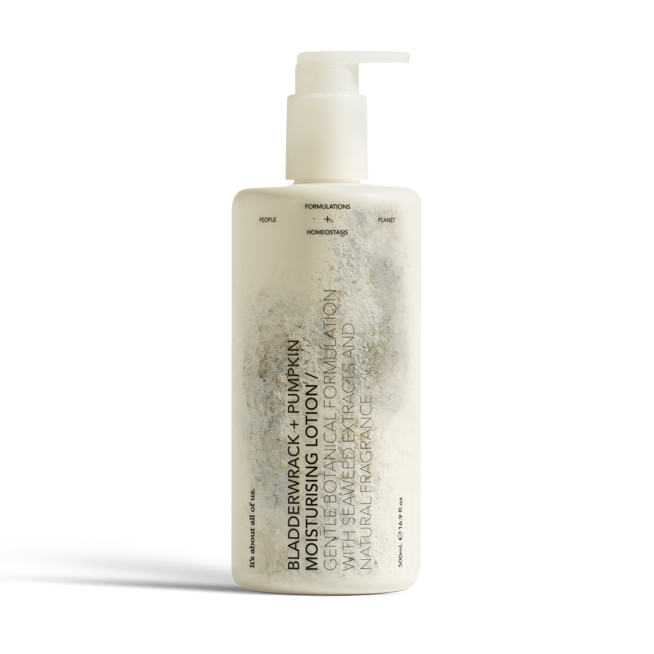 Dulcie Bladderwrack + Pumpkin Moisturising Lotion 500mL pump bottle shown in a decomposed state to illustrate material breakdown