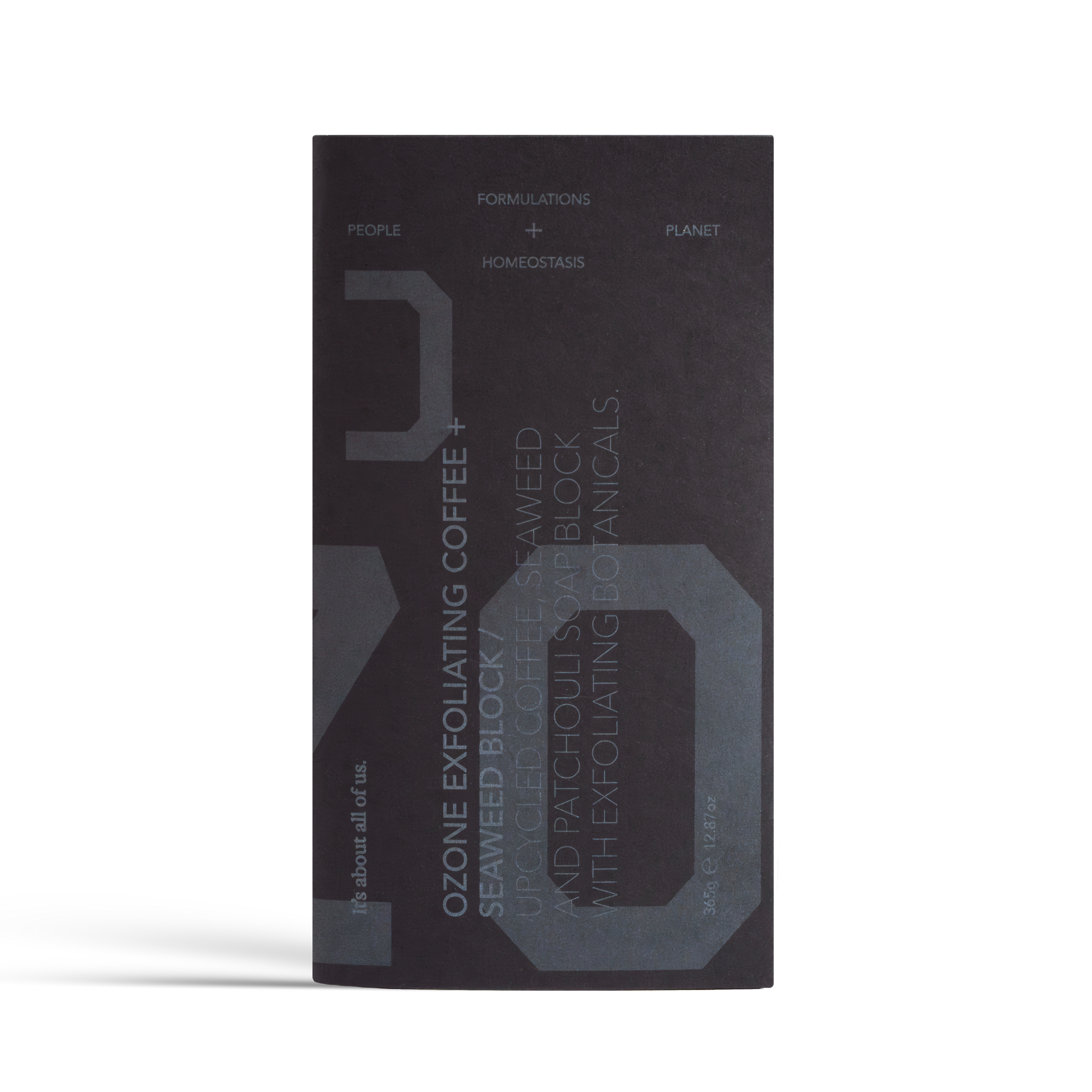 Dulcie Ozone Exfoliating Coffee + Seaweed Block 365g in black paper packaging labelled up-cycled coffee seaweed and patchouli soap block with exfoliating botanicals 