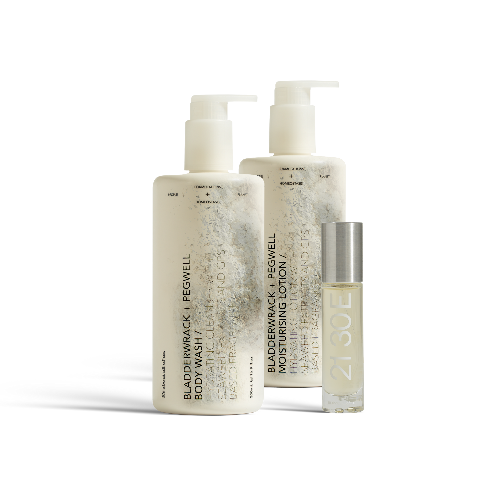 Dulcie pegwell Scent Set, two white 500 mL pump bottles shown in a decomposed state to illustrate material breakdown and one 15 mL cylindrical perfume bottle with silver cap in intact state