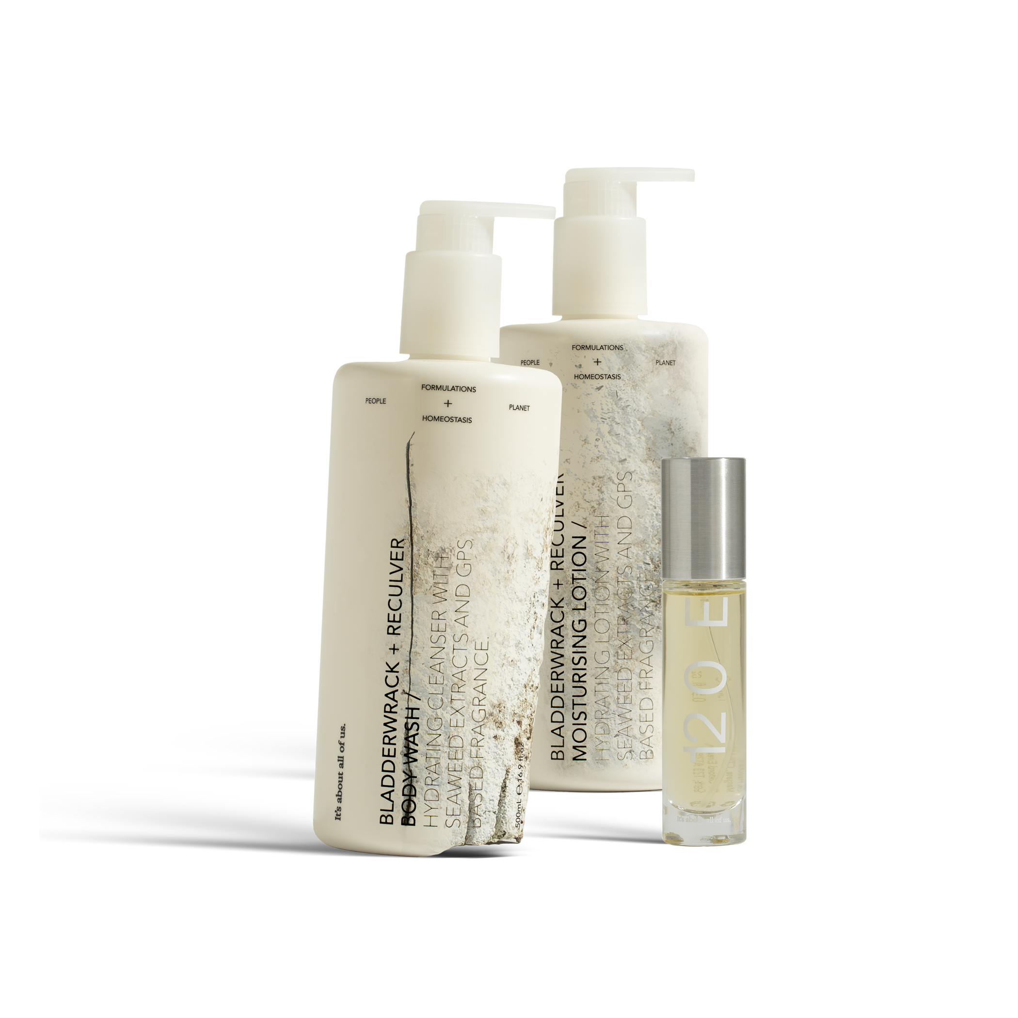 Dulcie Reculver Scent Set, two white 500 mL pump bottles shown in a decomposed state to illustrate material breakdown and one 15 mL cylindrical perfume bottle with silver cap in intact state