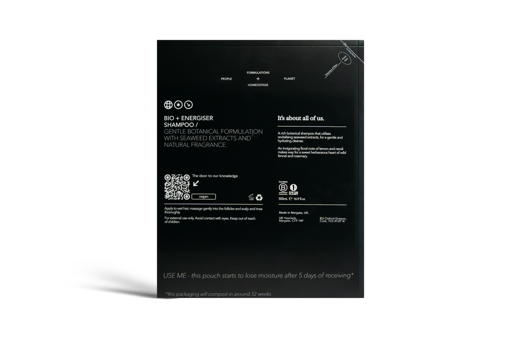 Dulcie Bio + Energiser Shampoo Refill 500mL in black paper packaging with white text detailing the product information