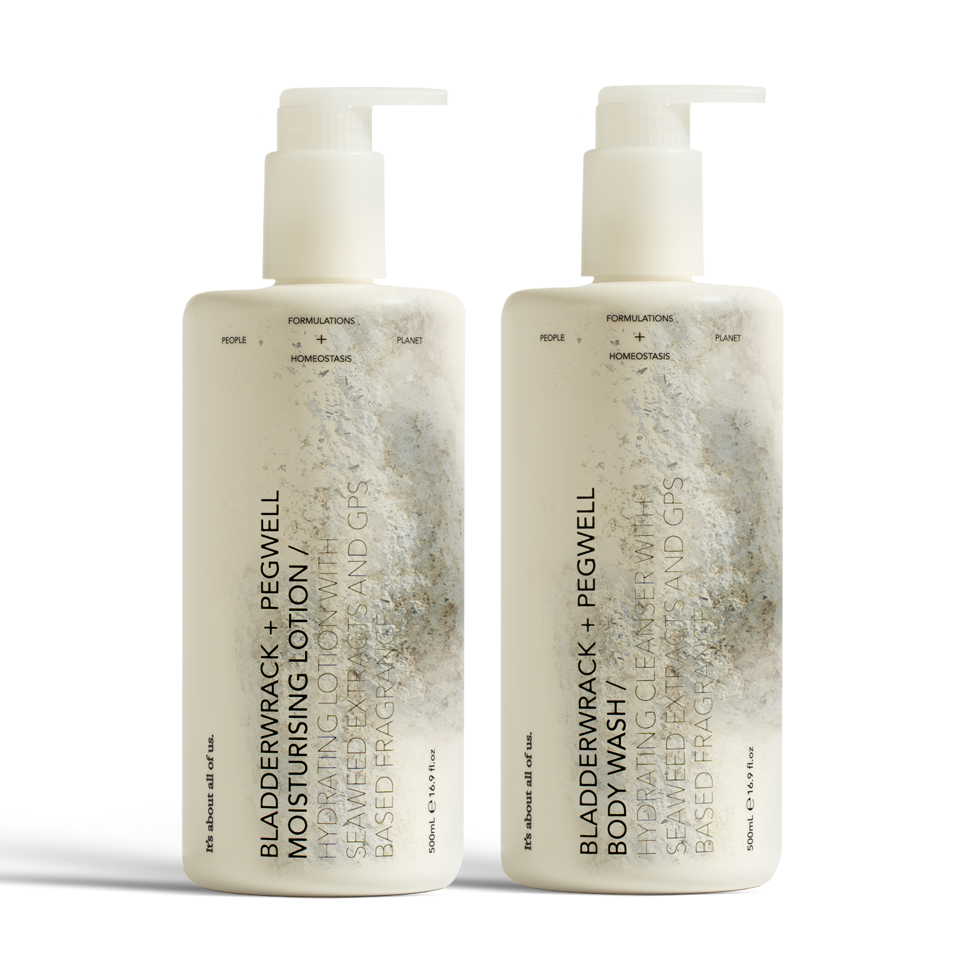 Dulcie pegwell Scent Set, two white 500 mL pump bottles shown in a decomposed state to illustrate material breakdown 