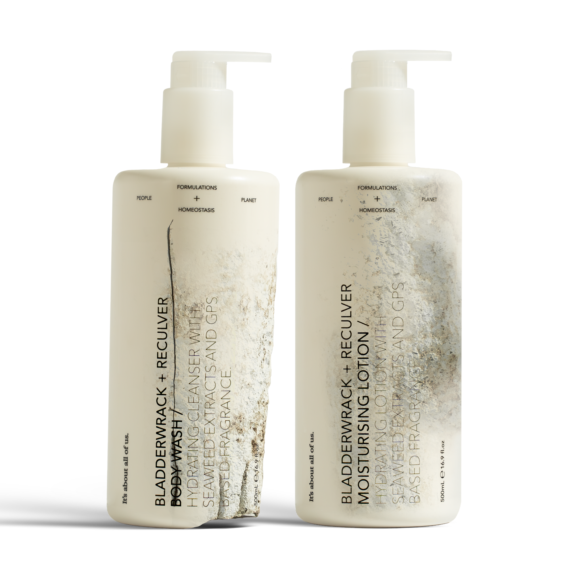 Dulcie Reculver Scent Set, two white 500 mL pump bottles shown in a decomposed state to illustrate material breakdown 