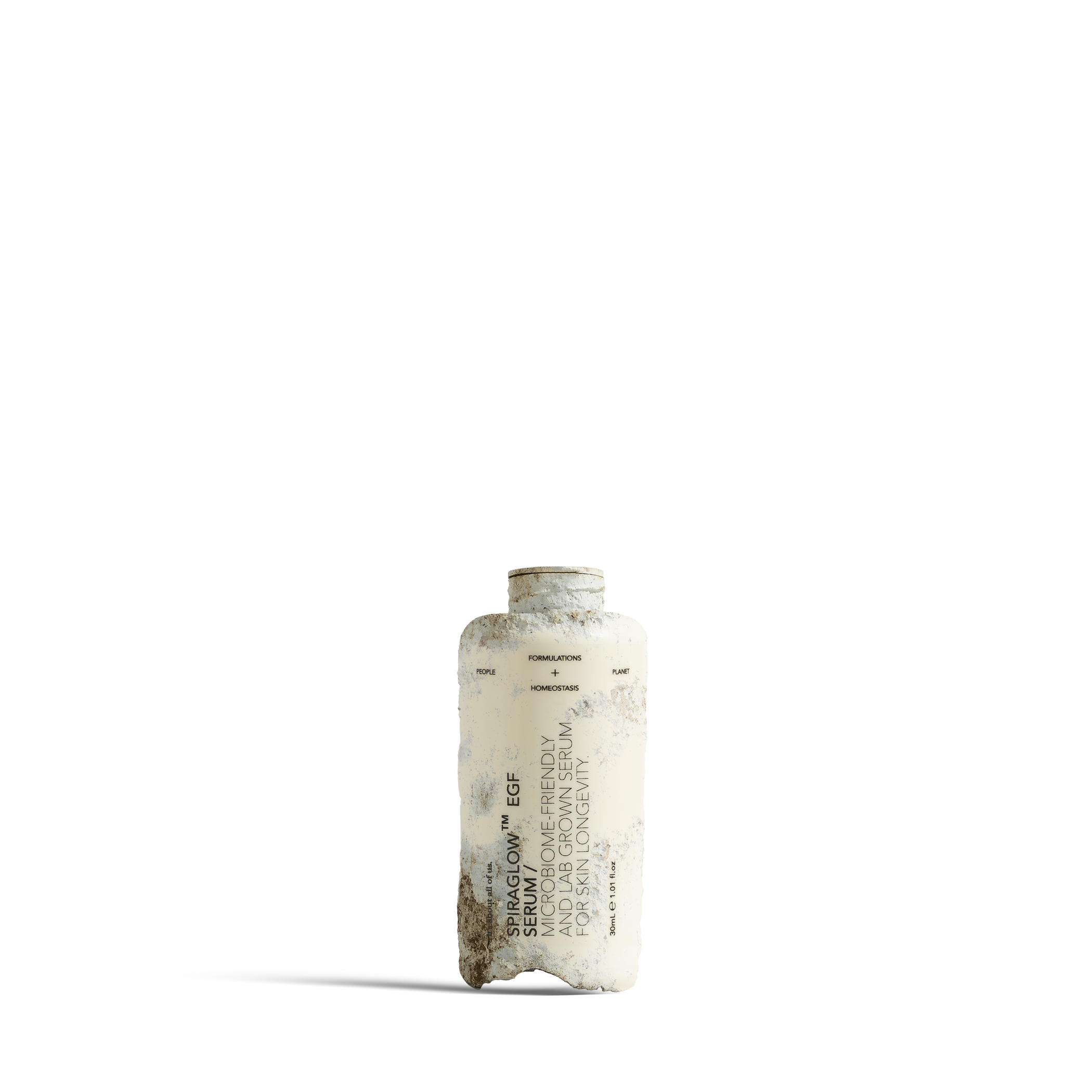 Dulcie Spiraglow EGF Serum 30mL bottle shown in a decomposed state to illustrate material breakdown